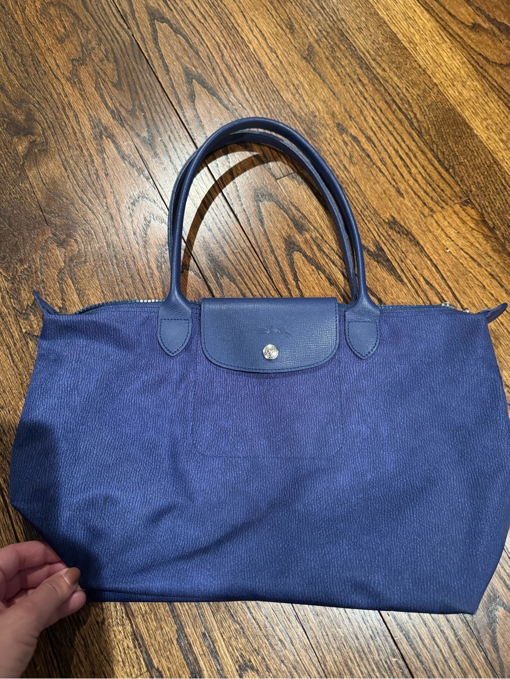 Longchamp Navy Canvas Le Pliage Tote with Leather Handles